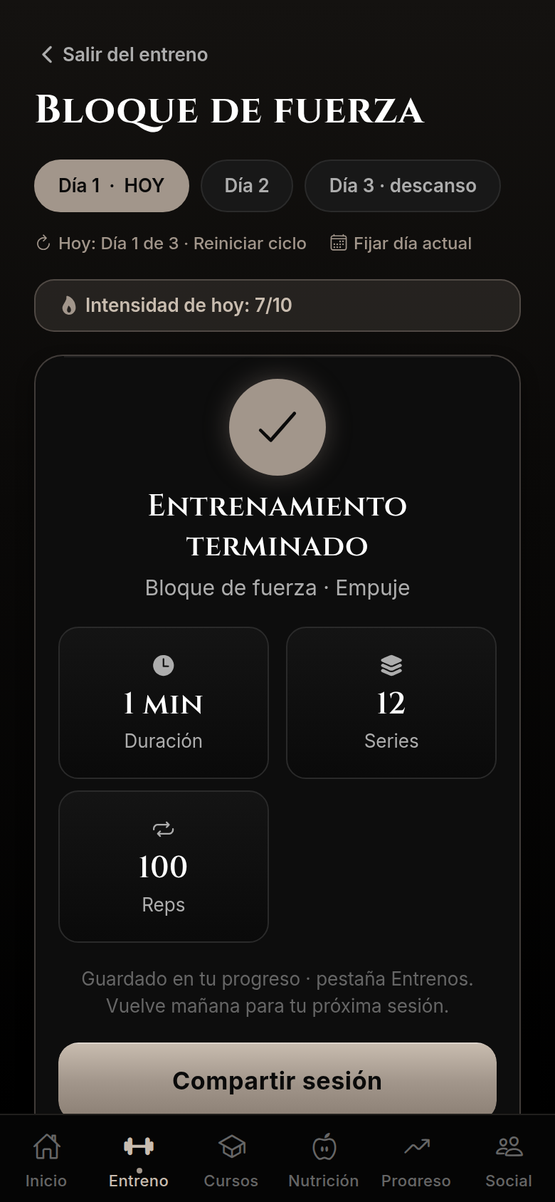 Pantalla de entrenamiento de UDECA